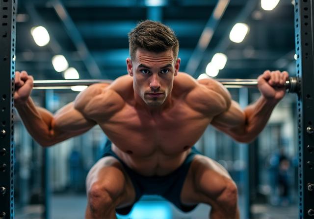 Man lifting heavy barbell in a modern gym setting