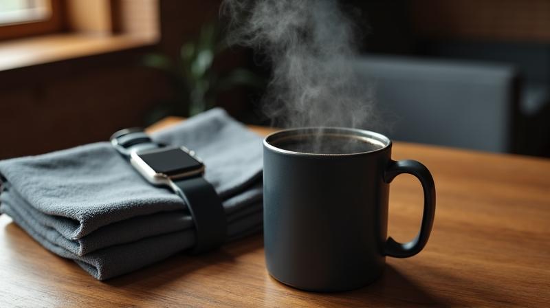 A steaming cup of black coffee next to a fitness tracker and running shoes