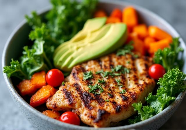 Healthy and colorful Mediterranean meal prep bowl