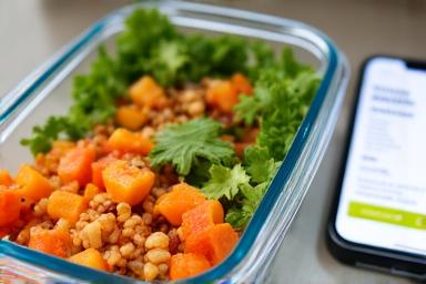 Healthy meal prep container with a digital meal log